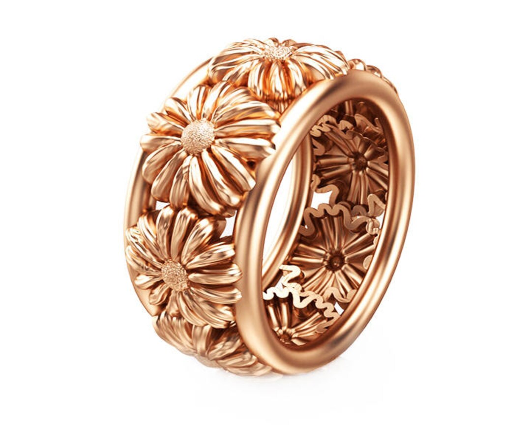 14K Rose Gold Flower Ring Flower Band Wedding Eternity Ring Etsy
