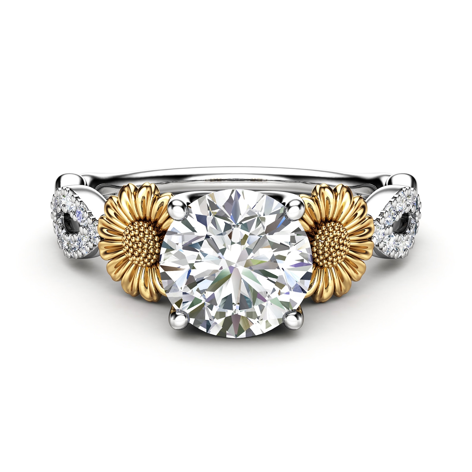 Sunflower Engagement Ring 14K White and Yellow Gold Etsy
