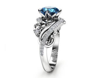 Art Nouveau Blue Diamond Engagement Ring 14K White Gold Ring Custom Blue Diamond Engagement Ring