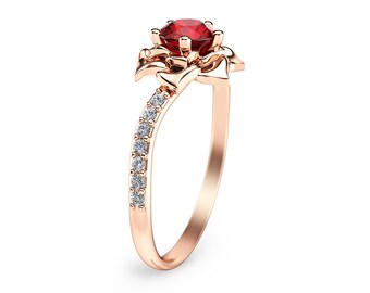 14K Rose Gold Ruby Ring  Flower Engagement Ring Unique Ruby Ring