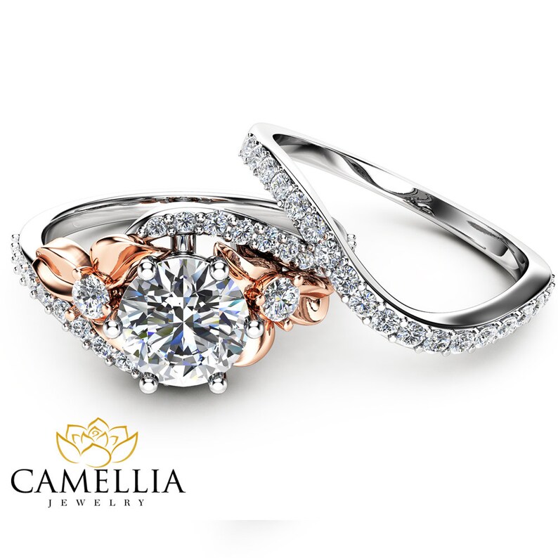 Moissanite Unique Engagement Ring Set 14K Two Tone Gold Etsy