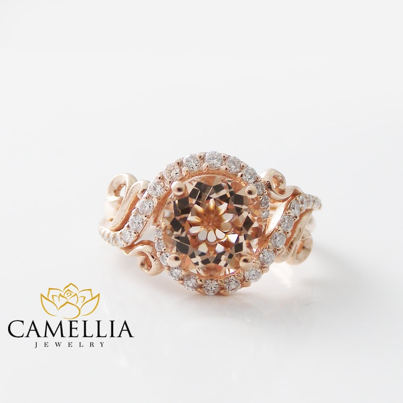 14K Rose Gold Nature Inspired Ring Peach Pink Morganite Engagement Ring image 3