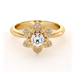 14K Gold Lab Diamond Engagement Ring with Petal Design and Milgrain Accents