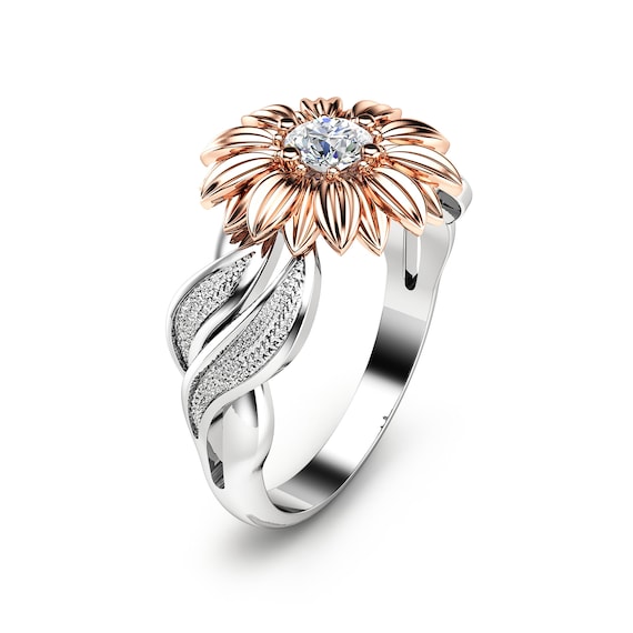Natural Diamond Sunflower Engagement Ring 14K Two Tone Gold Flower