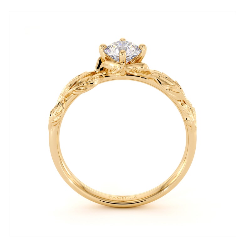 Lab Created Diamond Engagement Ring 14K Yellow Gold Leaf Flower Ring Lab Grown Diamond Engagement Ring image 3