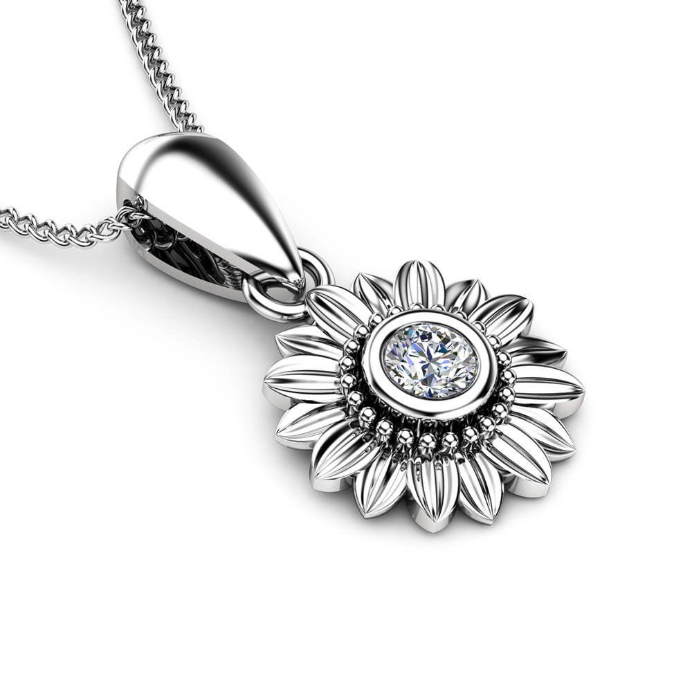 Sunflower Diamond Pendant 14K White Gold Bridal Jewelry Nature Etsy