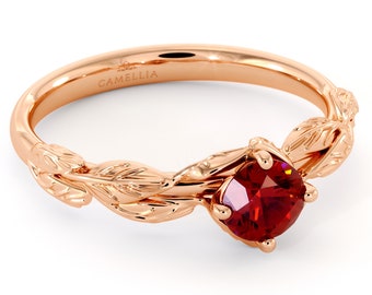 Natural Ruby Engagement Ring 14K Rose Gold Ring Ruby Petal Leaf Engagement Ring July Birthstone