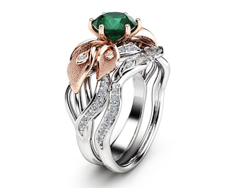 Unique Calla Lily Natural Emerald Ring Set 14K Two Tone Gold Matching Engagement Rings