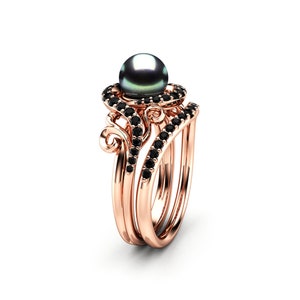 Black Pearl Engagement Ring Set Rose Gold Ring Leaf Engagement Ring Black Diamonds Rings