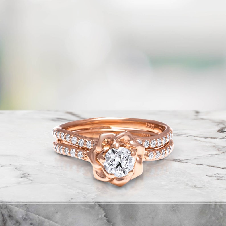 14K Rose Gold Diamond Engagement Ring Set Rose Gold Flower Etsy