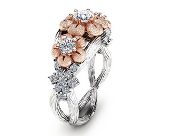 Three Stone Diamond Engagement Ring 14K Two Tone Gold Branch Ring Three Flowers Diamond Engagement Ring
