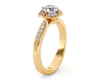 Petal 14K Yellow Gold Engagement Ring Classic Moissanite Center Stone and Natural Diamonds Side Stone