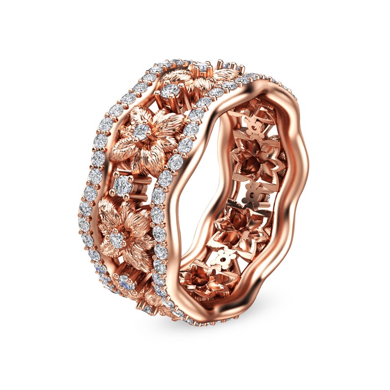 14K Rose Gold Diamond Anniversary Band Flowers Band Wide | Etsy