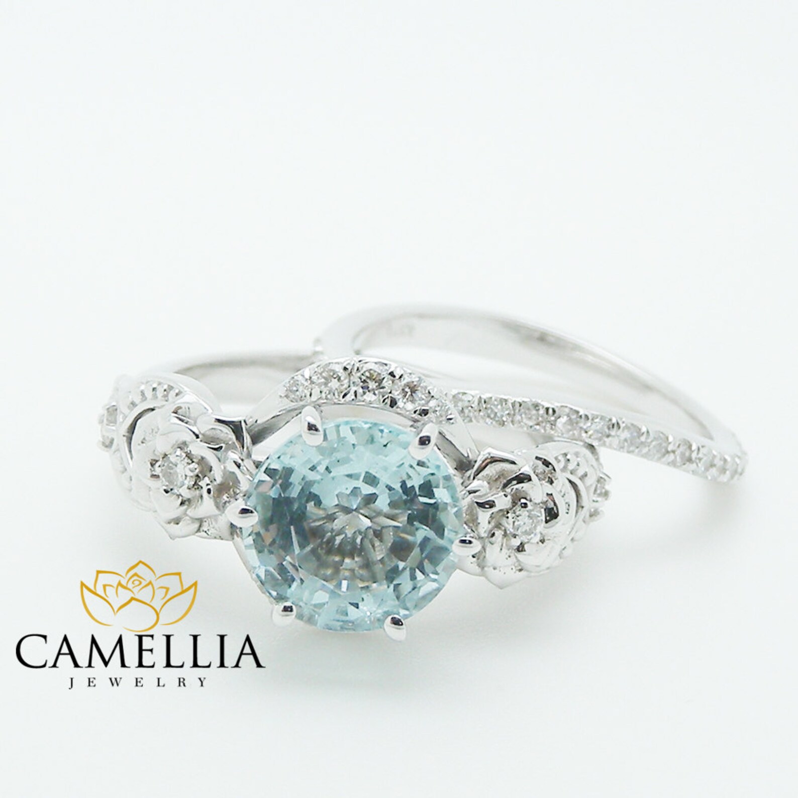 Unique Aquamarine Engagement Ring Set 14K White Gold 2 Carat Etsy