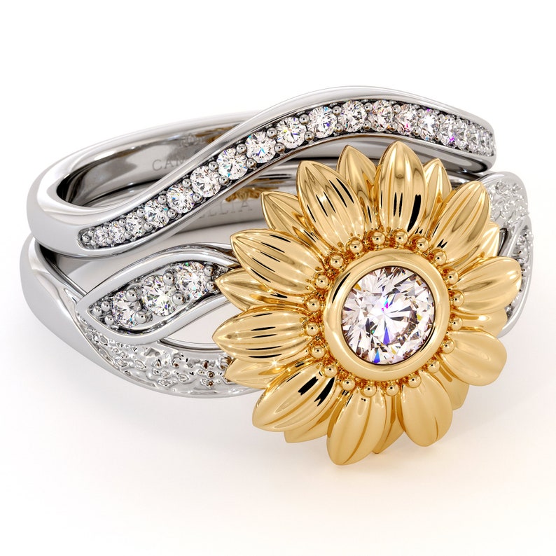Sunflower Engagement Ring Set Diamond Engagement Ring Yellow & Etsy
