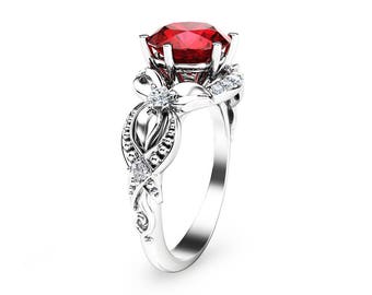 14K White Gold Ruby Engagement Ring: Floral Leaf Design