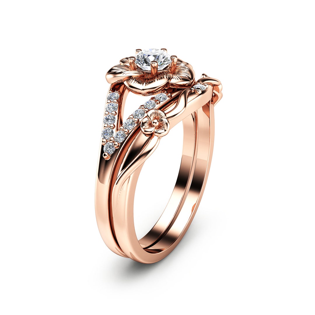 14K Rose Gold Engagement Ring Set Natural Diamond Rings Flower Rose