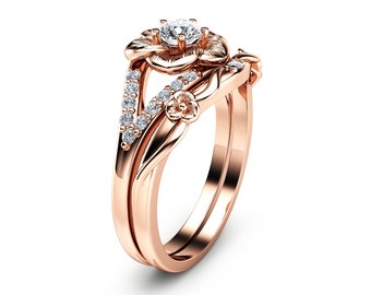 14K Rose Gold Engagement Ring Set Natural Diamond Rings Flower Rose Gold Rings Unique Engagement Rings