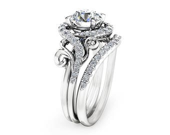 Halo Lab Created Diamond Wedding Ring Set Art Nouveau 14K White Gold Engagement Rings Unique Design Ring with Matching Band