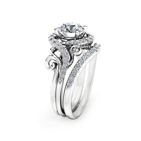 Unique Engagement Ring Set 14K White Gold Engagement Rings | Etsy
