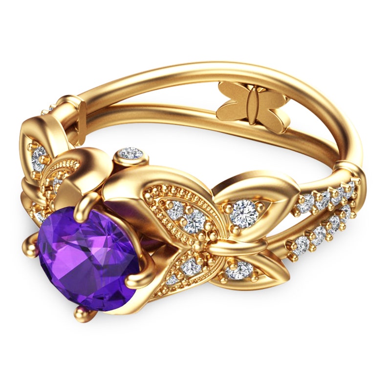 14K Yellow Gold Amethyst Engagement Ring Unique Amethyst Etsy