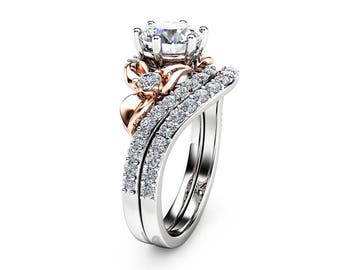 14K Gold Diamond Wedding Ring Set Unique 1 Ct Grown Diamond Engagement Ring Floral Anniversary Rings