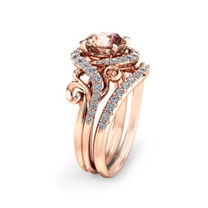 Rose Gold Morganite Engagement Ring Set: Diamond Pebble Band