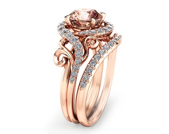 Rose Gold Morganite Engagement Ring Set Unique Rose Gold Morganite Ring with Matching Band Diamond Engagement Rings