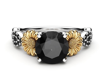 Nature Inspired Sunflower Design Ring With Natural Black Diamond in 14k Gold