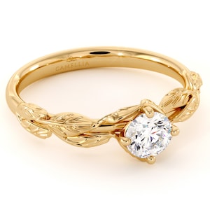 Lab Created Diamond Engagement Ring 14K Yellow Gold Leaf Flower Ring Lab Grown Diamond Engagement Ring image 1