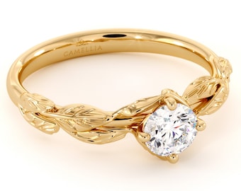 Lab Created Diamond Engagement Ring 14K Yellow Gold Leaf Flower Ring Lab Grown Diamond Engagement Ring