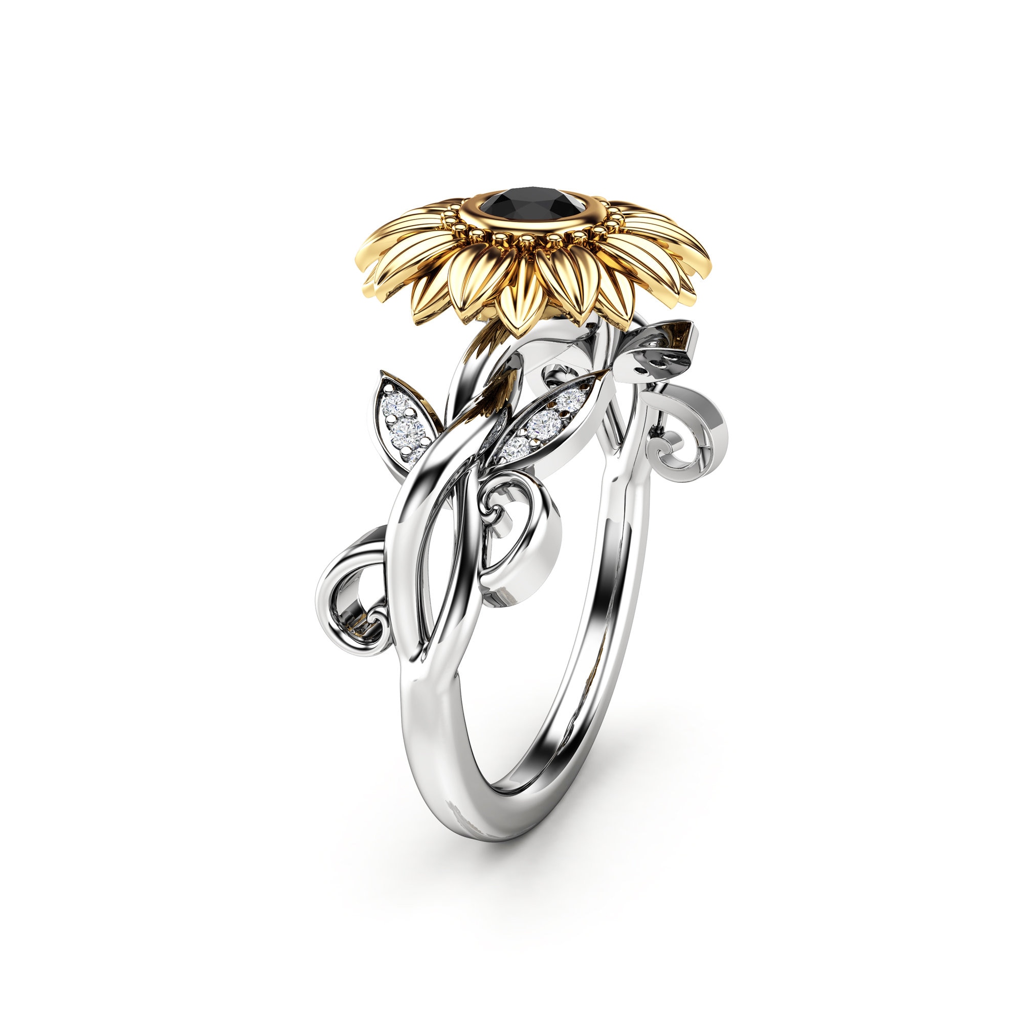 Black Diamond Engagement Ring Sunflower Design 14K Two Tone Gold Floral Ring