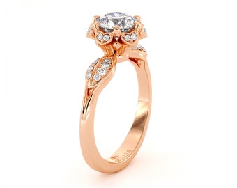 Diamond Petal Halo Rose Engagement Ring 14K Gold Elegant Moissanite Ring