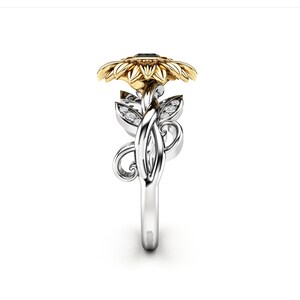 14k Gold Black Diamond Engagement Ring / Unique Sunflower Wedding Ring ...