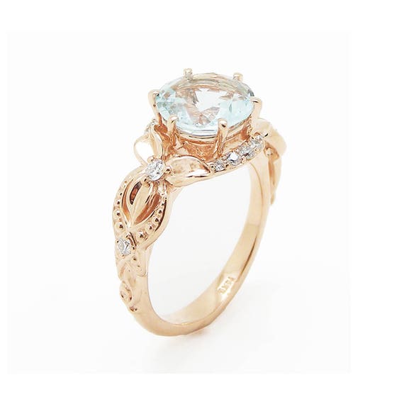 Unique Aquamarine Engagement Ring 14K Rose Gold 2 Carat Etsy