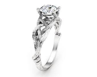 Anillo de compromiso de moissanita: Anillo de rama de oro blanco de 14 quilates