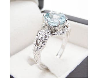 Unique Aquamarine Engagement Ring 14K White Gold 2 Carat Aquamarine Ring Art Deco Engagement Ring Floral Ring March Birthstone