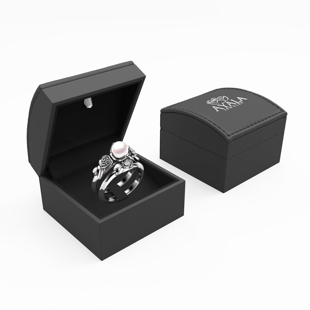 Pearl Engagement Ring Set White Gold Rings Rose Engagement Etsy