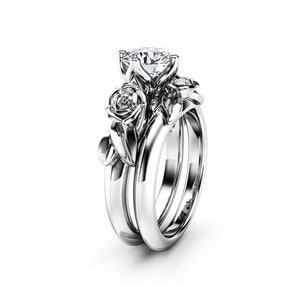 Luxurious Floral Design Moissanite Engagement Ring Set 14K Rose Gold Matching Rings 14K White Gold