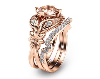 Rose Gold Morganite Bridal Ring Set 14K Rose Gold Flower Engagement Rings Unique Morganite Bridal Rings