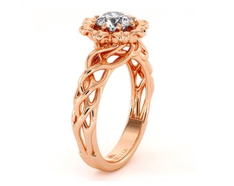 Octopetal Rose Gold Engagement Ring Unique Solitaire Moissanite Ring