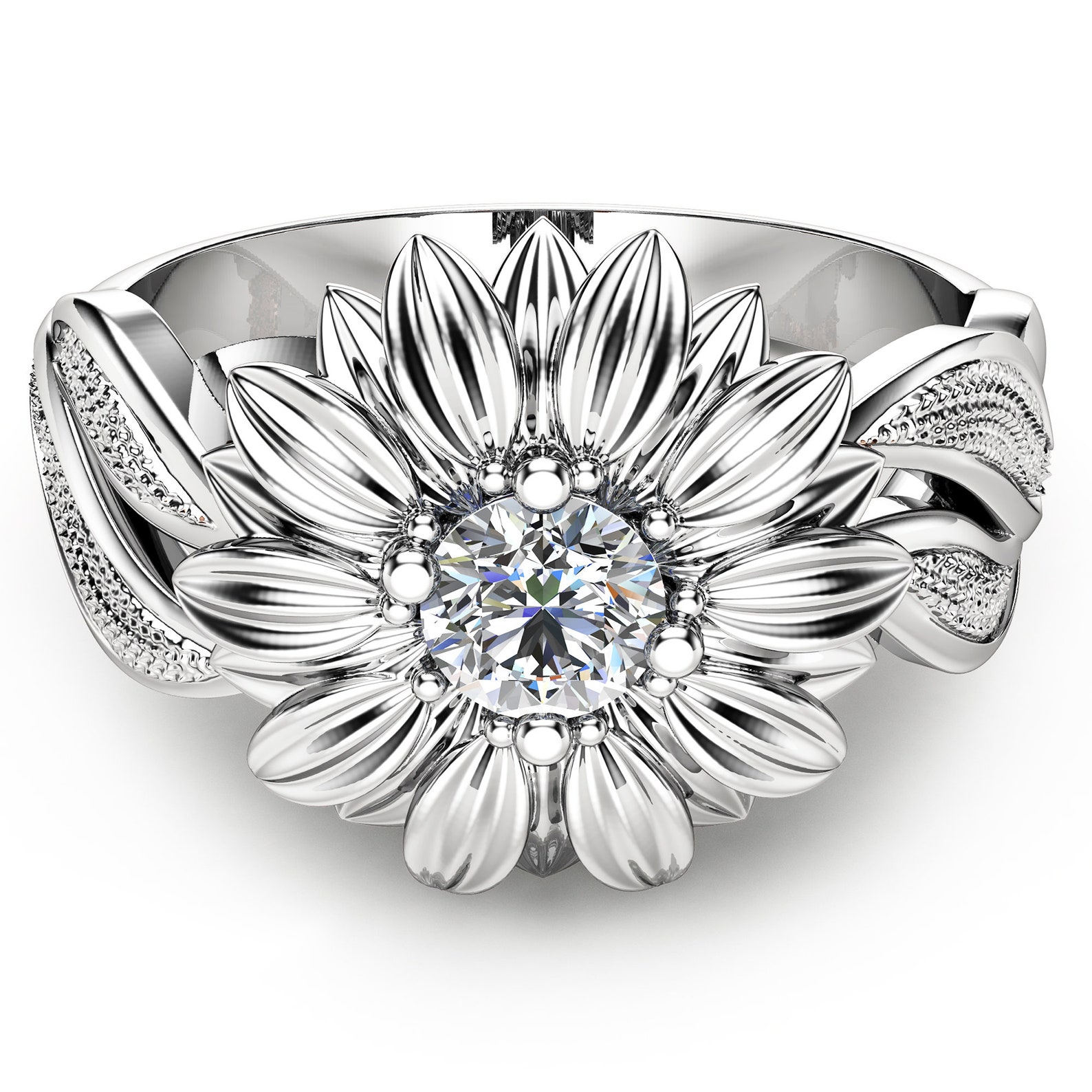 Natural Diamond Sunflower Engagement Ring 14K White Gold Etsy