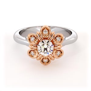 14K Weiß & Rose Gold Blumen Verlobungsring mit Lab Diamant