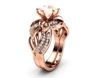 Unique Calla Lily Morganite Engagement Ring Set 14K Rose Gold Matching Rings