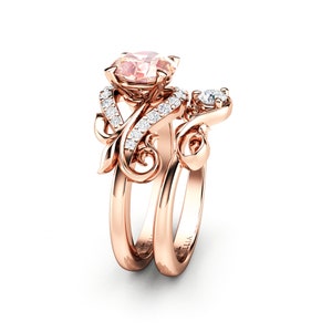 Morganit Verlobungsring Einzigartige 14K Rose Gold Ehering Set Pfirsich Rosa Edelstein Ring Set