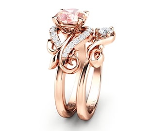 Morganite Engagement Ring Set Unique 14K Rose Gold Wedding Ring Set Peach Pink Gemstone Ring Set