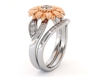 Sunflower Ring Set With Natural Diamond 14K Rose & White Gold Ring