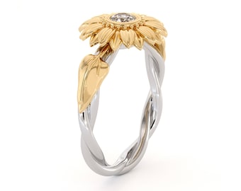 Unique Engagement Ring Natural Diamond 14K Gold Ring Sunflower Engagement Ring