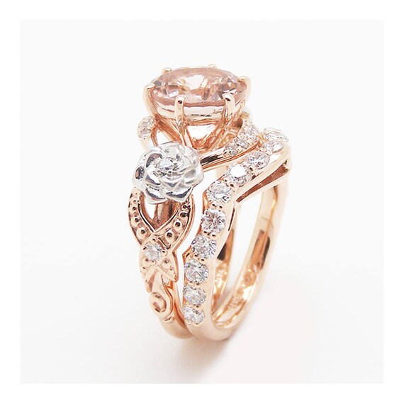 Morganite Engagement Ring Set 14K Rose and White Gold | Etsy