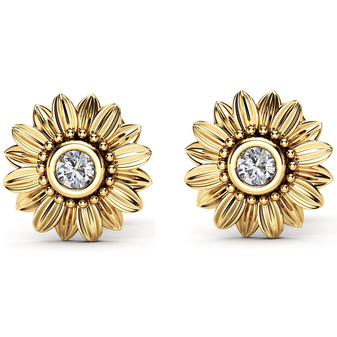 Sunflower Diamond Earrings 14K Yelow Gold Bridal Jewelry Nature